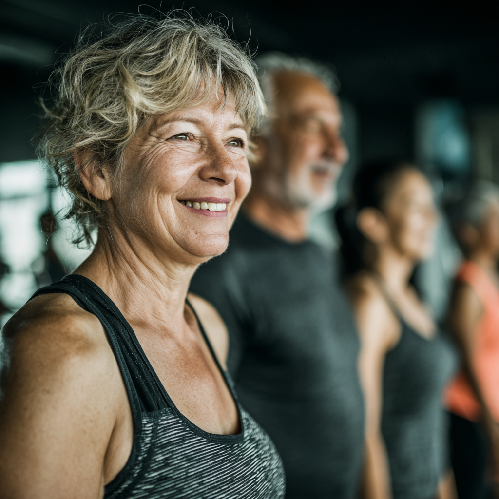 Middle-aged adults engaging in balanced fitness activities