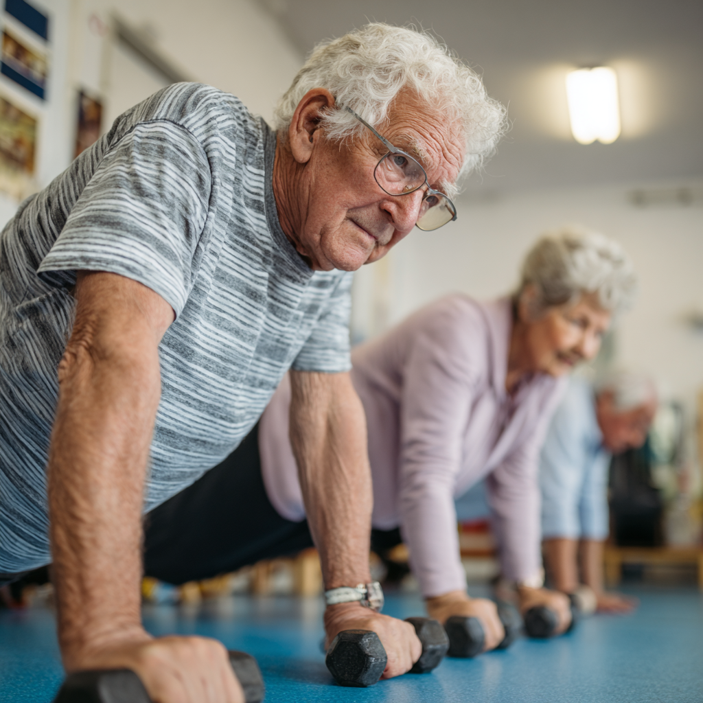 Older adults participating in gentle fitness activities focused on stability and mobility